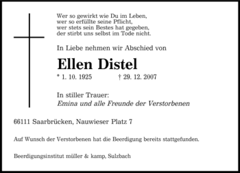 Traueranzeige von Ellen Distel von SAARBRÜCKER ZEITUNG