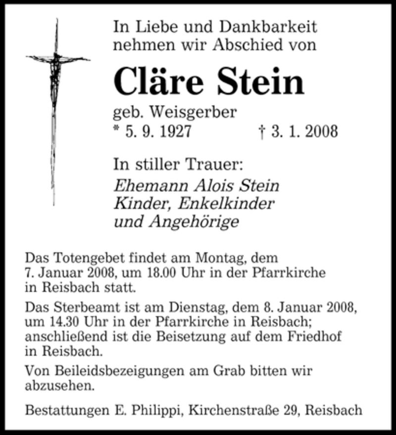  Traueranzeige für Cläre Stein vom 05.01.2008 aus SAARBRÜCKER ZEITUNG
