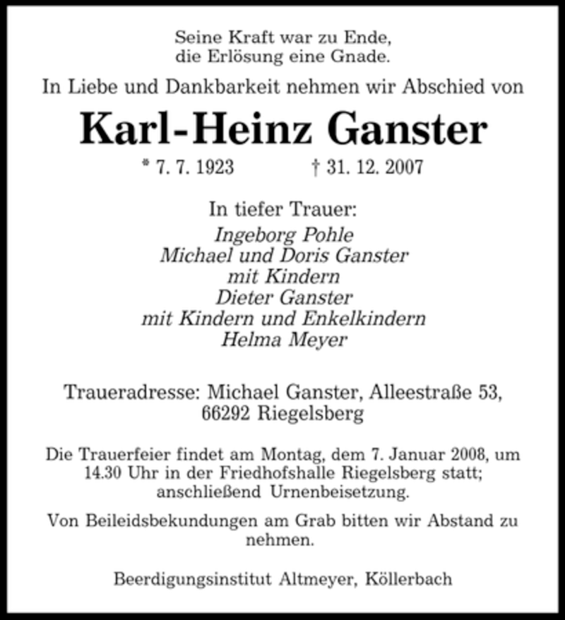 Traueranzeigen Von Karl-heinz Ganster 