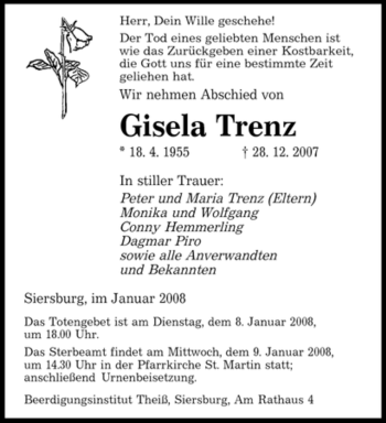 Traueranzeige von Gisela Trenz von SAARBRÜCKER ZEITUNG