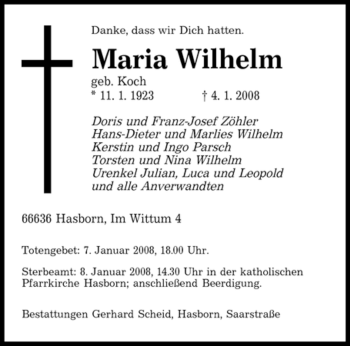 Traueranzeige von Maria Wilhelm von SAARBRÜCKER ZEITUNG