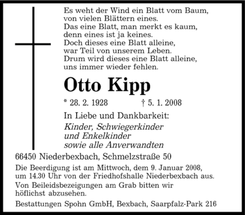  Traueranzeige für Otto Kipp vom 08.01.2008 aus SAARBRÜCKER ZEITUNG