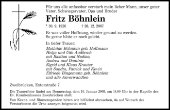 Traueranzeige von Fritz Böhnlein von SAARBRÜCKER ZEITUNG