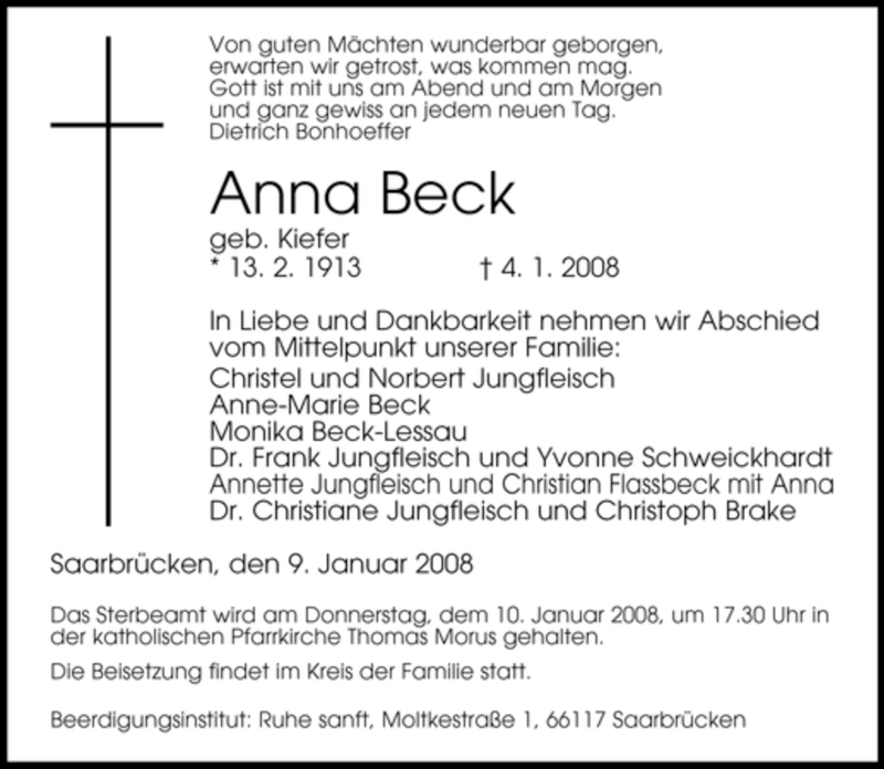 Traueranzeigen von Anna Beck | Saarbruecker-Zeitung.Trauer.de