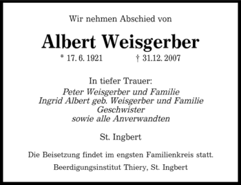 Traueranzeige von Weisgerber Albert von SAARBRÜCKER ZEITUNG