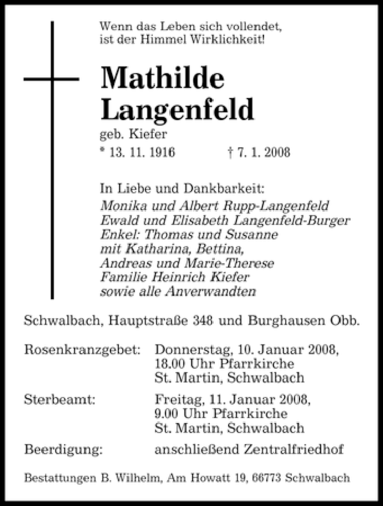  Traueranzeige für Mathilde Langenfeld vom 09.01.2008 aus SAARBRÜCKER ZEITUNG
