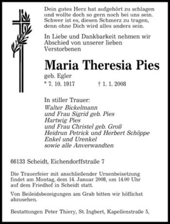 Traueranzeige von Maria Theresia Pies von SAARBRÜCKER ZEITUNG