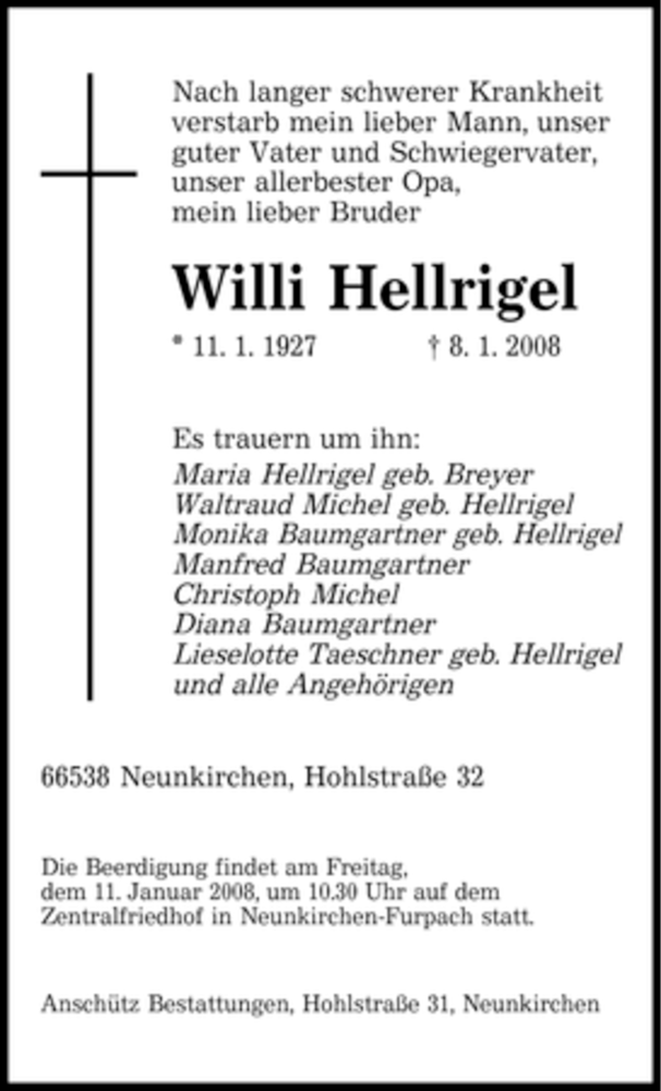  Traueranzeige für Willi Hellrigel vom 10.01.2008 aus SAARBRÜCKER ZEITUNG