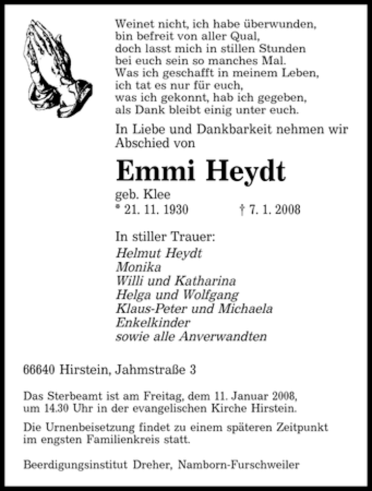  Traueranzeige für Emmi Heydt vom 10.01.2008 aus SAARBRÜCKER ZEITUNG