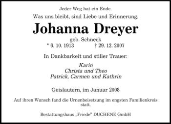 Traueranzeige von Johanna Dreyer von SAARBRÜCKER ZEITUNG