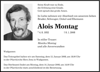 Traueranzeige von Alois Montag von SAARBRÜCKER ZEITUNG