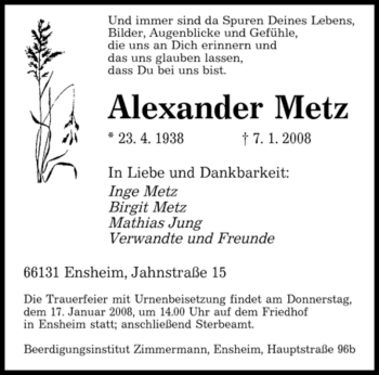 Traueranzeige von Alexander Metz von SAARBRÜCKER ZEITUNG