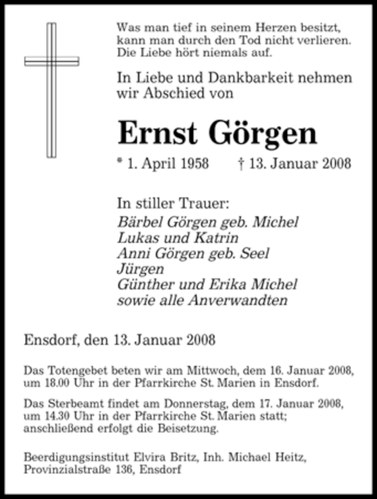  Traueranzeige für Ernst Görgen vom 15.01.2008 aus SAARBRÜCKER ZEITUNG