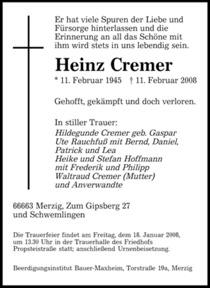  Traueranzeige für Heinz Cremer vom 15.01.2008 aus SAARBRÜCKER ZEITUNG