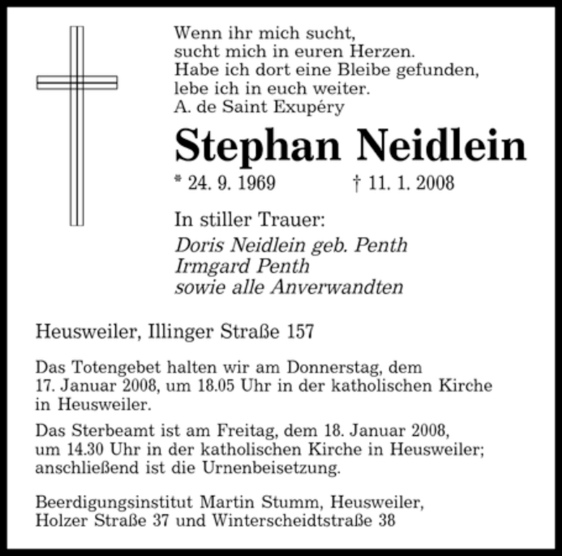  Traueranzeige für Stephan Neidlein vom 16.01.2008 aus SAARBRÜCKER ZEITUNG