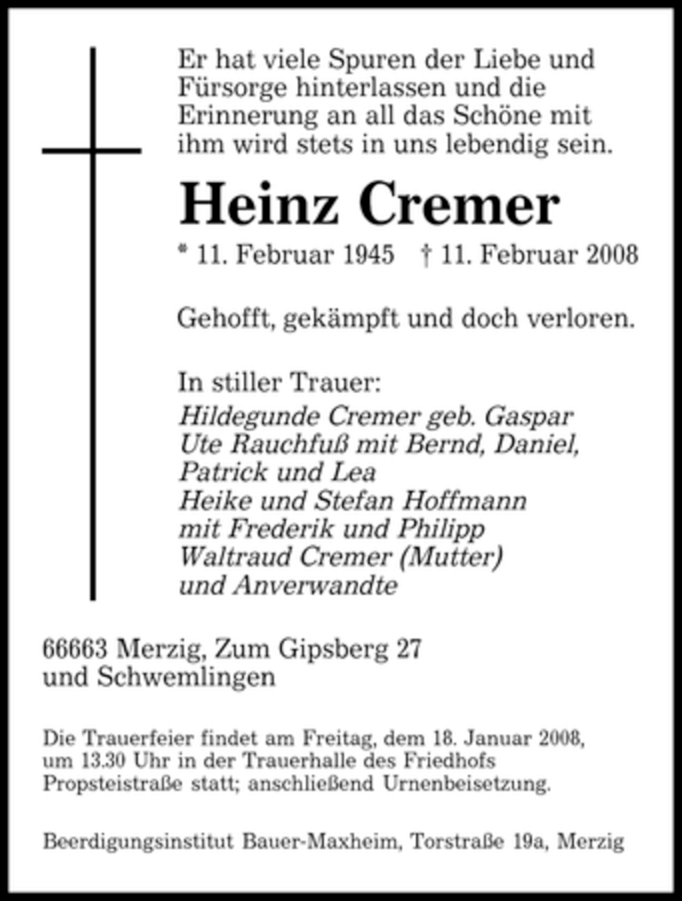  Traueranzeige für Heinz Cremer vom 16.01.2008 aus SAARBRÜCKER ZEITUNG