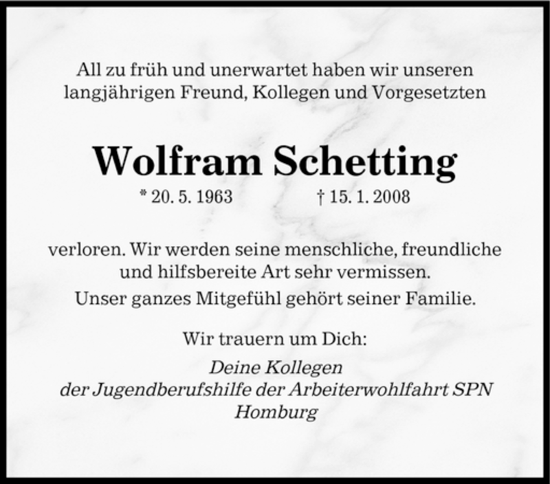  Traueranzeige für Wolfram Schetting vom 18.01.2008 aus SAARBRÜCKER ZEITUNG
