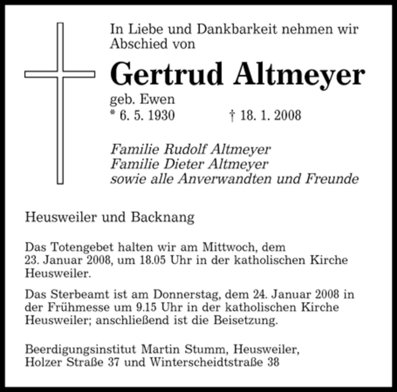  Traueranzeige für Gertrud Altmeyer vom 21.01.2008 aus SAARBRÜCKER ZEITUNG