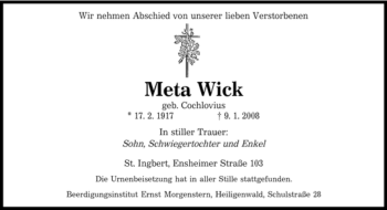 Traueranzeige von Meta Wick von SAARBRÜCKER ZEITUNG