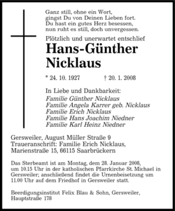 Traueranzeige von Hans-Günther Nicklaus von SAARBRÜCKER ZEITUNG