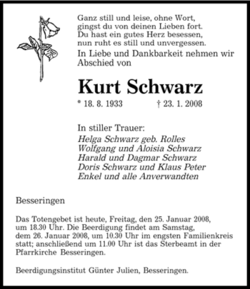 Traueranzeige von Kurt Schwarz von SAARBRÜCKER ZEITUNG