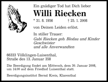 Traueranzeige von Willi Riecken von SAARBRÜCKER ZEITUNG