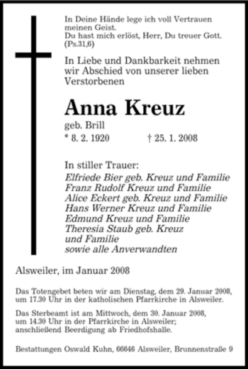 Traueranzeige von Anna Kreuz von SAARBRÜCKER ZEITUNG