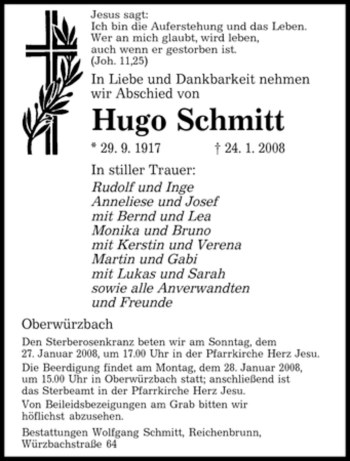 Traueranzeige von Hugo Schmitt von SAARBRÜCKER ZEITUNG