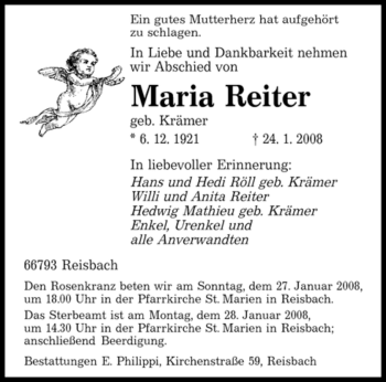 Traueranzeige von Maria Reiter von SAARBRÜCKER ZEITUNG