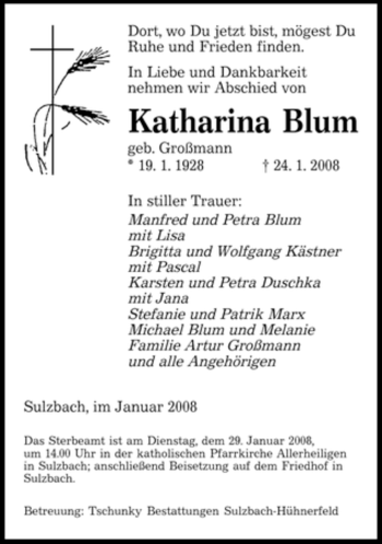 Traueranzeige von Katharina Blum von SAARBRÜCKER ZEITUNG