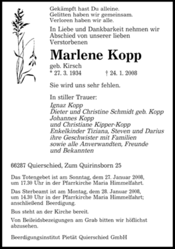 Traueranzeige von Marlene Kopp von SAARBRÜCKER ZEITUNG