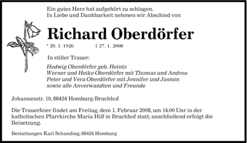  Traueranzeige für Richard Oberdörfer vom 30.01.2008 aus SAARBRÜCKER ZEITUNG