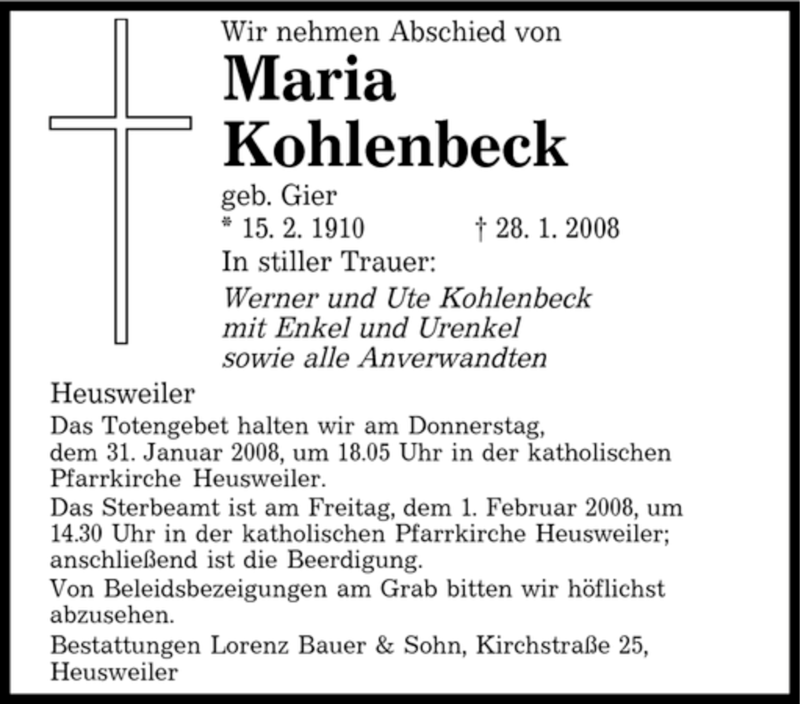  Traueranzeige für Maria Kohlenbeck vom 30.01.2008 aus SAARBRÜCKER ZEITUNG