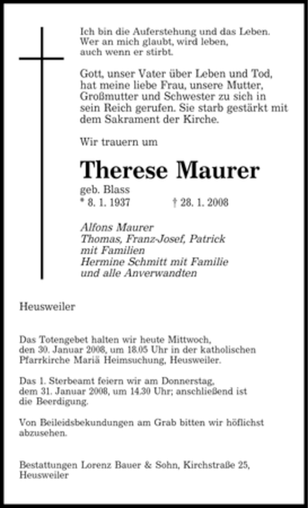  Traueranzeige für Therese Maurer vom 30.01.2008 aus SAARBRÜCKER ZEITUNG