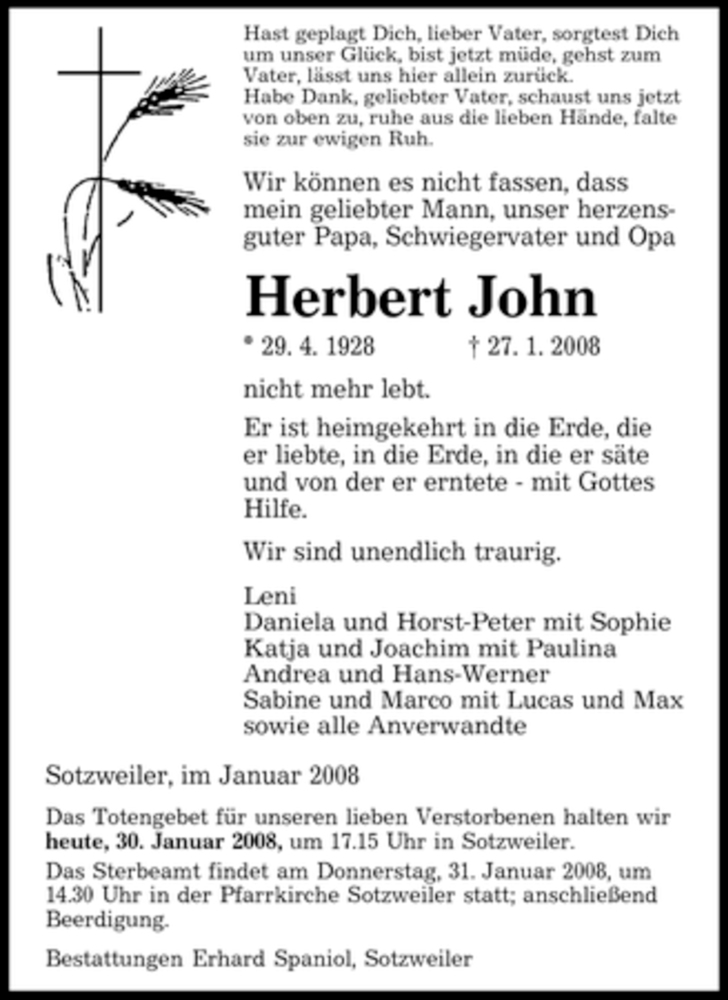  Traueranzeige für Herbert John vom 30.01.2008 aus SAARBRÜCKER ZEITUNG
