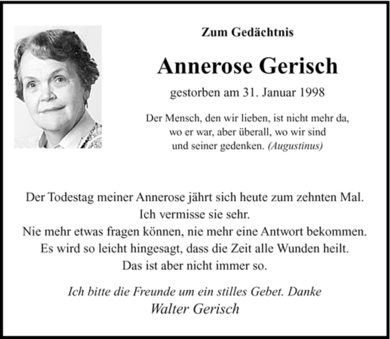  Traueranzeige für Annerose Gerisch vom 31.01.2008 aus SAARBRÜCKER ZEITUNG