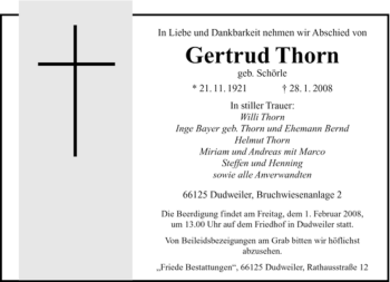 Traueranzeige von Gertrud Thorn von SAARBRÜCKER ZEITUNG