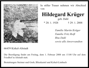 Traueranzeige von Hildegard Krüger von SAARBRÜCKER ZEITUNG