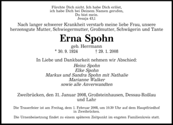 Traueranzeige von Erna Spohn von SAARBRÜCKER ZEITUNG