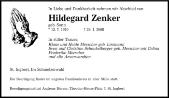 Traueranzeige von Hildegard Zenker von SAARBRÜCKER ZEITUNG