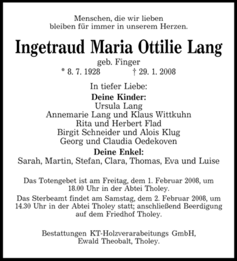  Traueranzeige für Ingetraud Maria Ottilie Lang vom 01.02.2008 aus SAARBRÜCKER ZEITUNG