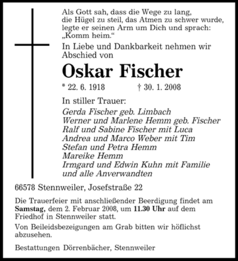  Traueranzeige für Oskar Fischer vom 01.02.2008 aus SAARBRÜCKER ZEITUNG