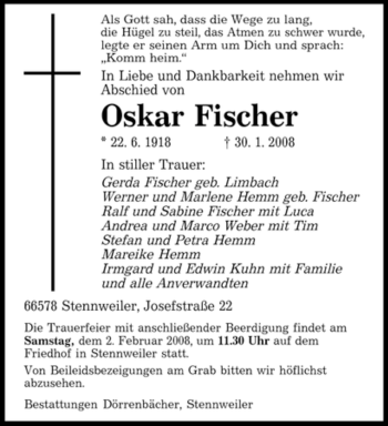 Traueranzeige von Oskar Fischer von SAARBRÜCKER ZEITUNG