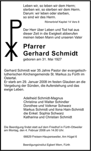 Traueranzeige von Gerhard Schmidt von SAARBRÜCKER ZEITUNG