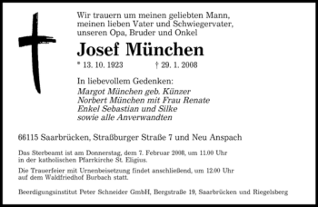 Traueranzeige von Josef München von SAARBRÜCKER ZEITUNG