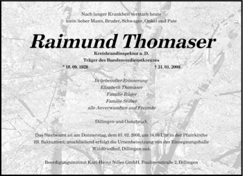 Traueranzeige von Raimund Thomaser von SAARBRÜCKER ZEITUNG