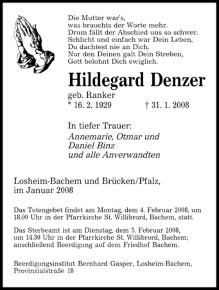  Traueranzeige für Hildegard Denzer vom 02.02.2008 aus SAARBRÜCKER ZEITUNG