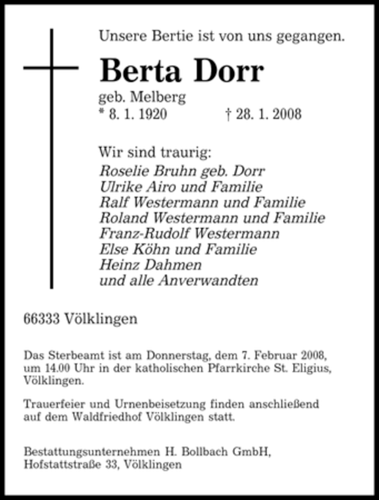  Traueranzeige für Berta Dorr vom 02.02.2008 aus SAARBRÜCKER ZEITUNG
