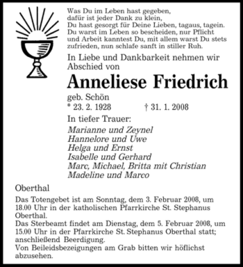 Traueranzeige von Anneliese Friedrich von SAARBRÜCKER ZEITUNG