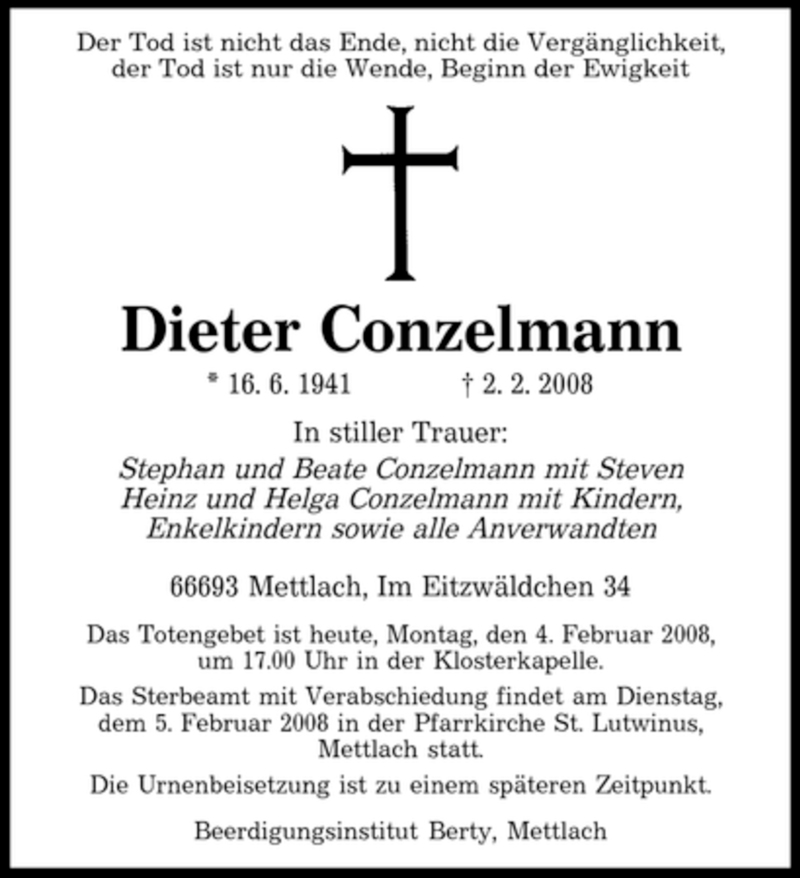  Traueranzeige für Dieter Conzelmann vom 04.02.2008 aus SAARBRÜCKER ZEITUNG